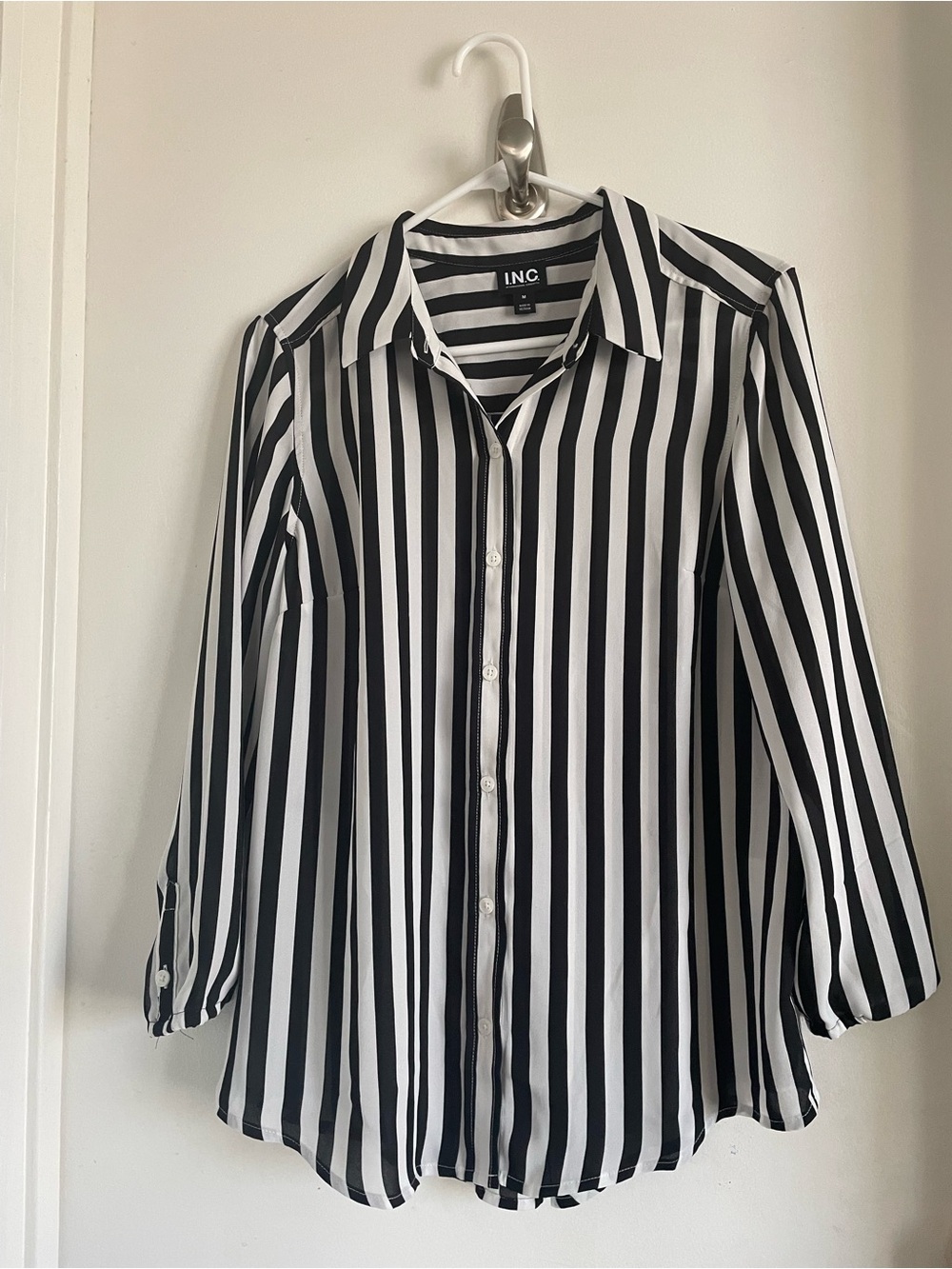 INC International Concepts Black and White Vertical Stripe Blouse